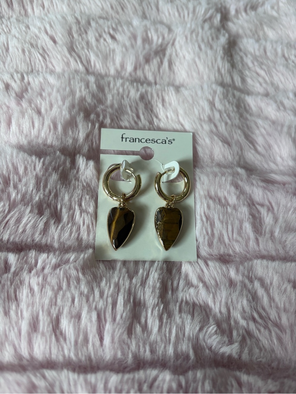 Francesca's Collections Gold Hoops with Brown Tiger Eye Heart Drops
